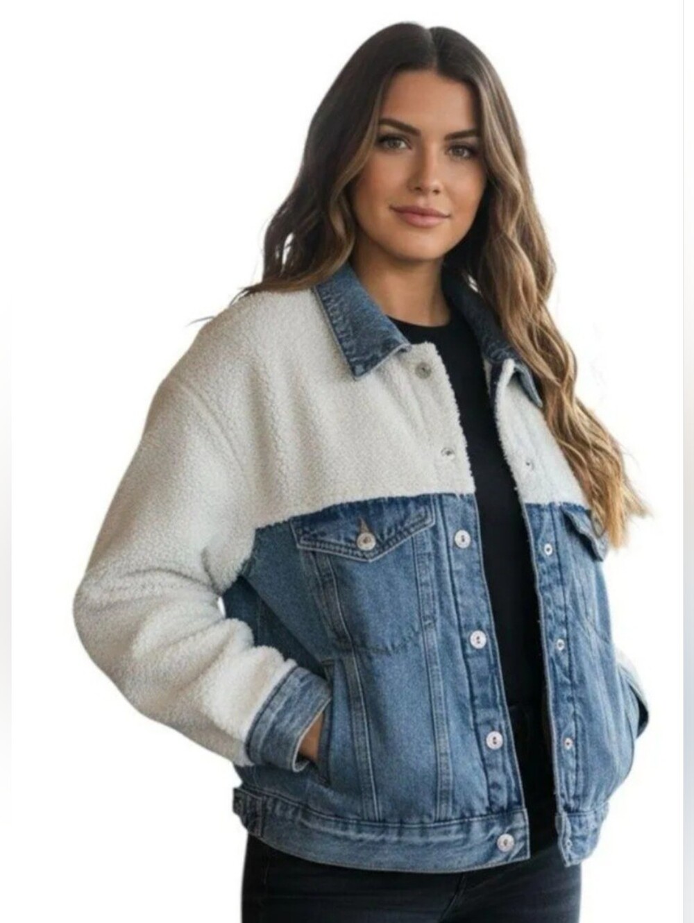 Nicole Miller White Sherpa and Blue Denim Jacket